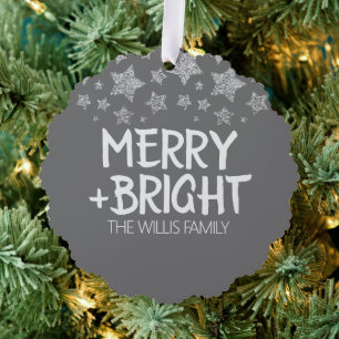 Christmas Sparkle Stars Merry bright Family name Ornament Card