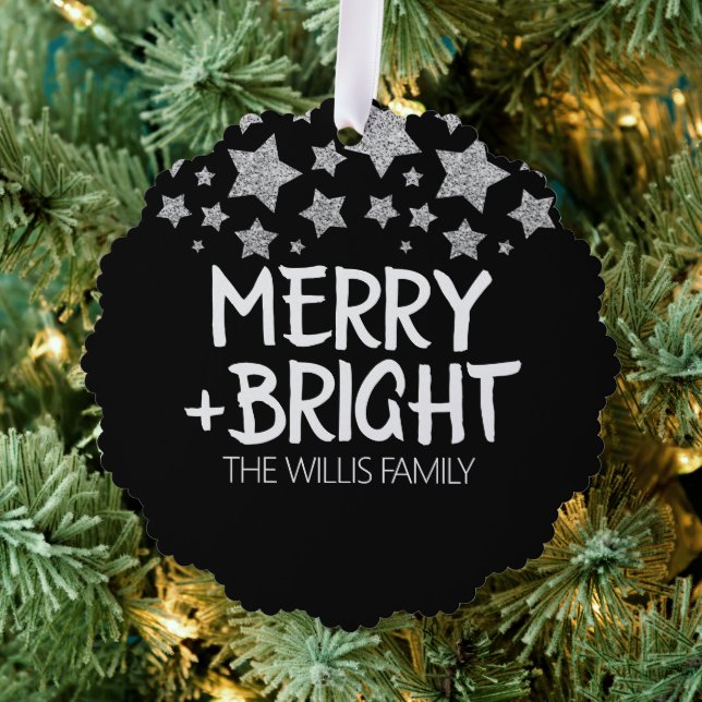 Christmas Sparkle Stars Merry bright Family name Ornament Card (Insitu (Tree))