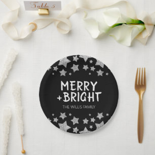 Christmas Sparkle Stars Merry bright Family name Paper Plate