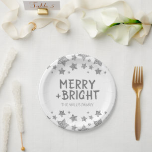 Christmas Sparkle Stars Merry bright Family name Paper Plate