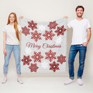 Christmas Sparkling Red Snowflakes Fleece Blanket