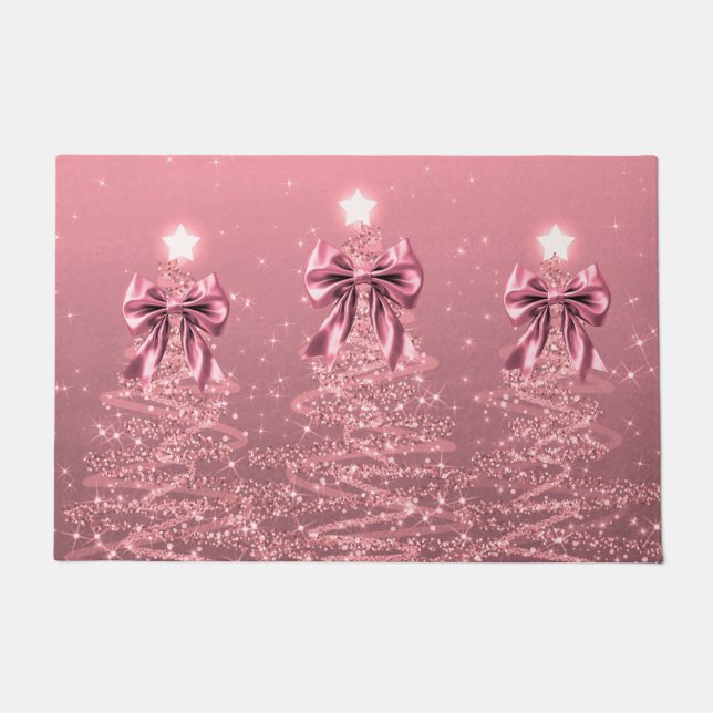 Christmas Sparkling Trees Blush Pink Faux Bow  Doormat (Front)