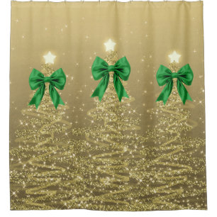Christmas Sparkling Trees Gold Faux Green Bow