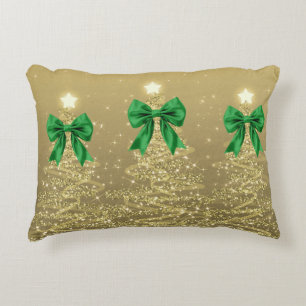 Christmas Sparkling Trees Gold Faux Green Bow Accent Pillow