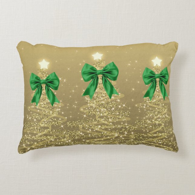 Christmas Sparkling Trees Gold Faux Green Bow  Accent Pillow (Front)