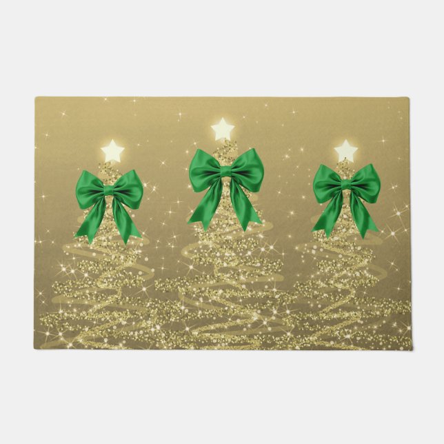 Christmas Sparkling Trees Gold Faux Green Bow  Doormat (Front)