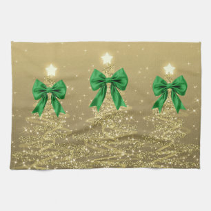Christmas Sparkling Trees Gold Faux Green Bow Kitchen Towel