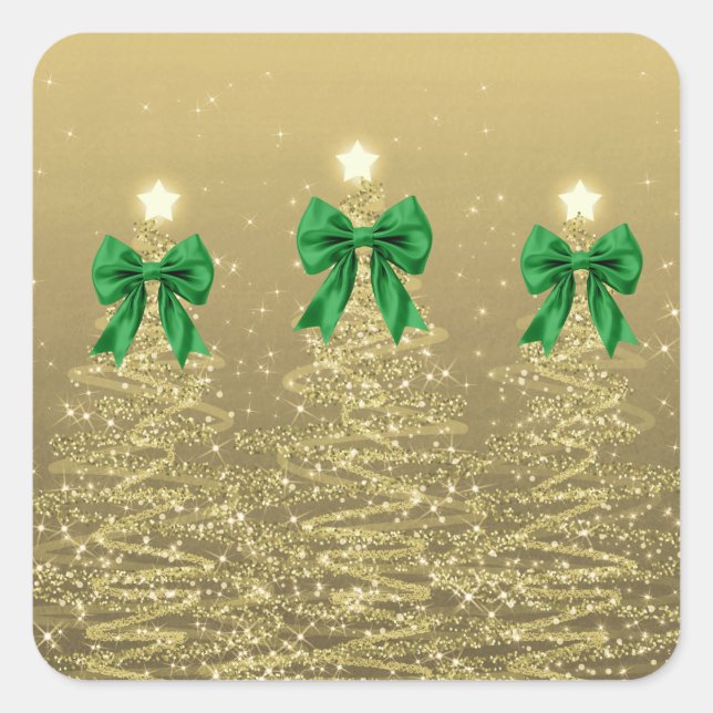 Christmas Sparkling Trees Gold Faux Green Bow  Square Sticker (Front)