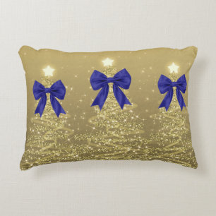 Christmas Sparkling Trees Gold Faux Navy Bow Accent Pillow