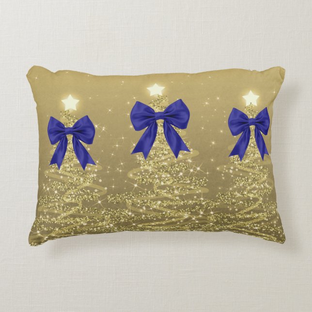 Christmas Sparkling Trees Gold Faux Navy Bow  Accent Pillow (Front)