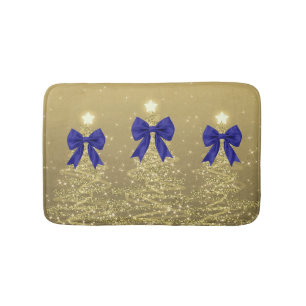 Christmas Sparkling Trees Gold Faux Navy Bow  Bath Mat