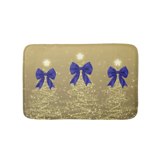 Christmas Sparkling Trees Gold Faux Navy Bow  Bath Mat (Front)