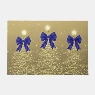 Christmas Sparkling Trees Gold Faux Navy Bow  Doormat