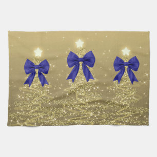 Christmas Sparkling Trees Gold Faux Navy Bow  Kitchen Towel