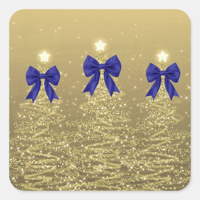 Christmas Sparkling Trees Gold Faux Navy Bow  Square Sticker (Front)