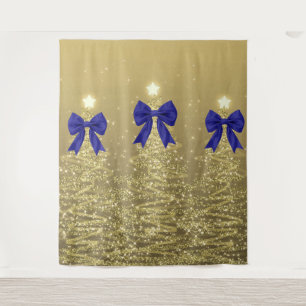 Christmas Sparkling Trees Gold Faux Navy Bow  Tapestry