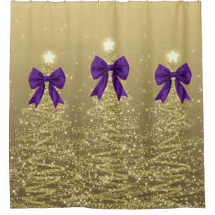 Christmas Sparkling Trees Gold Faux Purple Bow