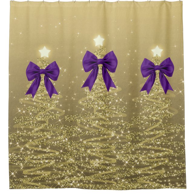 Christmas Sparkling Trees Gold Faux Purple Bow  (Front)
