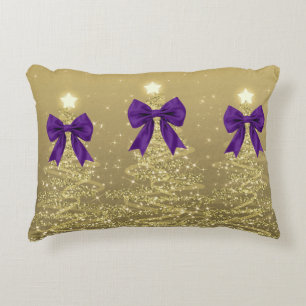 Christmas Sparkling Trees Gold Faux Purple Bow  Accent Pillow