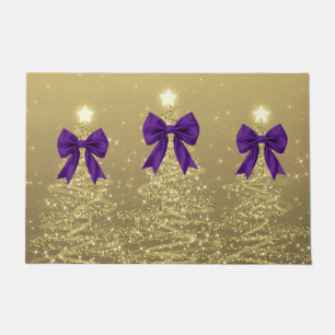 Christmas Sparkling Trees Gold Faux Purple Bow Doormat