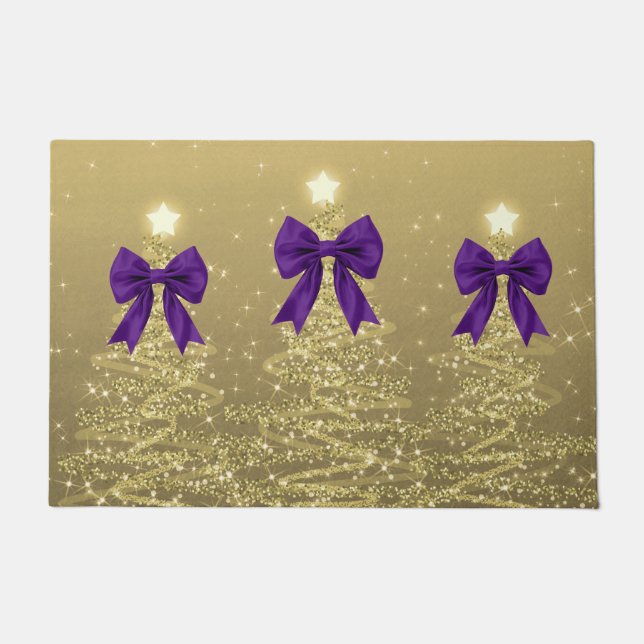 Christmas Sparkling Trees Gold Faux Purple Bow  Doormat (Front)