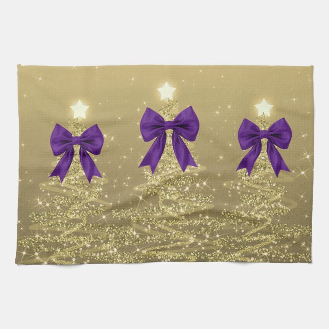 Christmas Sparkling Trees Gold Faux Purple Bow  Kitchen Towel (Horizontal)