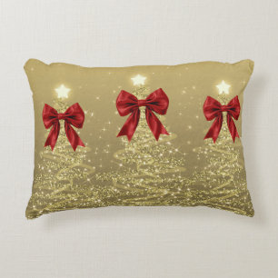 Christmas Sparkling Trees Gold Faux Red Bow  Accent Pillow
