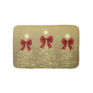 Christmas Sparkling Trees Gold Faux Red Bow  Bath Mat
