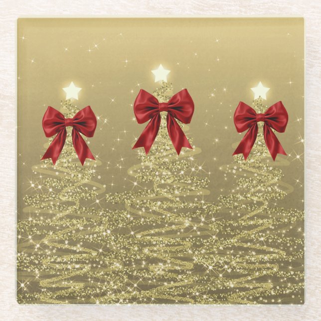 Christmas Sparkling Trees Gold Faux Red Bow  Glass Coaster (Front)