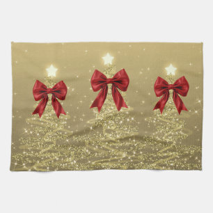 Christmas Sparkling Trees Gold Faux Red Bow Kitchen Towel
