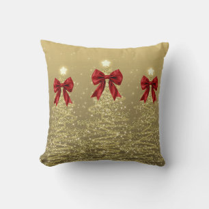 Christmas Sparkling Trees Gold Faux Red Bow Throw Pillow