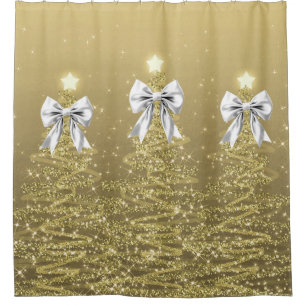 Christmas Sparkling Trees Gold Faux Silver Bow 