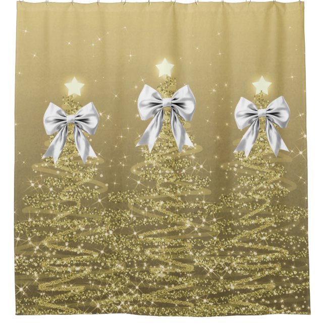 Christmas Sparkling Trees Gold Faux Silver Bow  (Front)