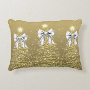 Christmas Sparkling Trees Gold Faux Silver Bow  Accent Pillow