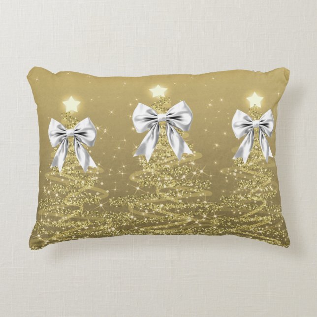 Christmas Sparkling Trees Gold Faux Silver Bow  Accent Pillow (Front)