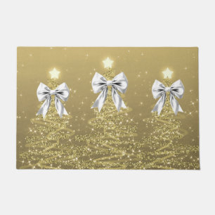 Christmas Sparkling Trees Gold Faux Silver Bow  Doormat