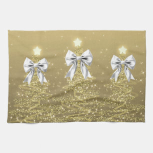 Christmas Sparkling Trees Gold Faux Silver Bow Kitchen Towel