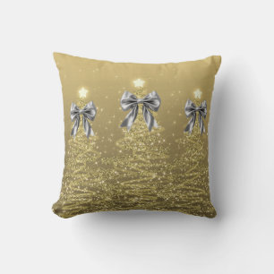 Christmas Sparkling Trees Gold Faux Silver Bow Throw Pillow