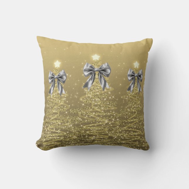 Christmas Sparkling Trees Gold Faux Silver Bow Throw Pillow (Front)