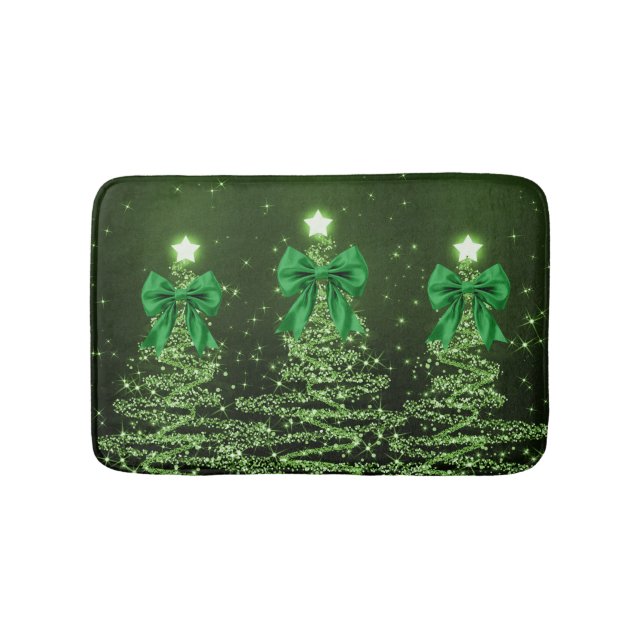 Christmas Sparkling Trees Green Faux Bow  Bath Mat (Front)