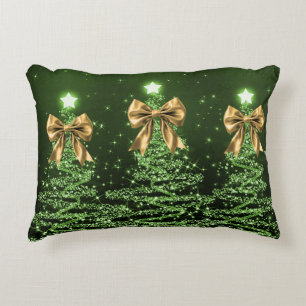 Christmas Sparkling Trees Green Faux Gold Bow  Accent Pillow