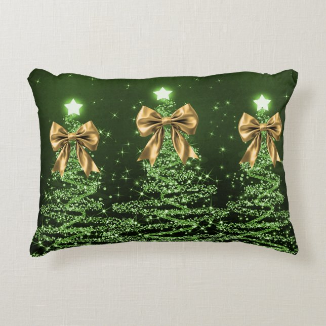 Christmas Sparkling Trees Green Faux Gold Bow  Accent Pillow (Front)