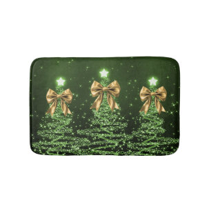 Christmas Sparkling Trees Green Faux Gold Bow Bath Mat