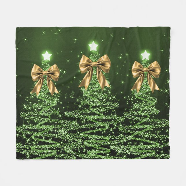 Christmas Sparkling Trees Green Faux Gold Bow  Fleece Blanket (Front (Horizontal))