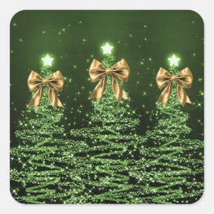 Christmas Sparkling Trees Green Faux Gold Bow  Square Sticker