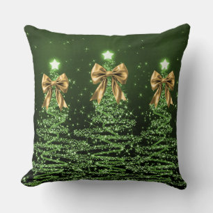 Christmas Sparkling Trees Green Faux Gold Bow  Throw Pillow