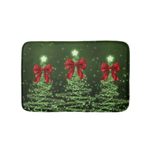 Christmas Sparkling Trees Green Faux Red Bow  Bath Mat