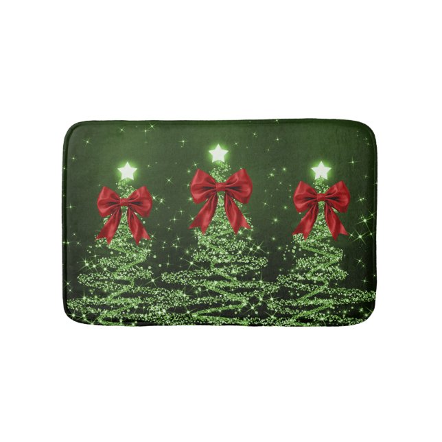 Christmas Sparkling Trees Green Faux Red Bow  Bath Mat (Front)