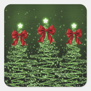 Christmas Sparkling Trees Green Faux Red Bow Square Sticker