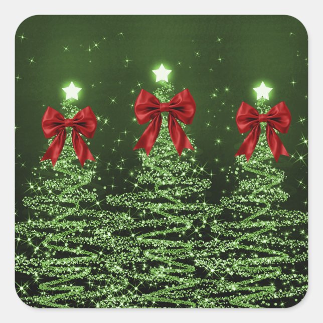 Christmas Sparkling Trees Green Faux Red Bow  Square Sticker (Front)